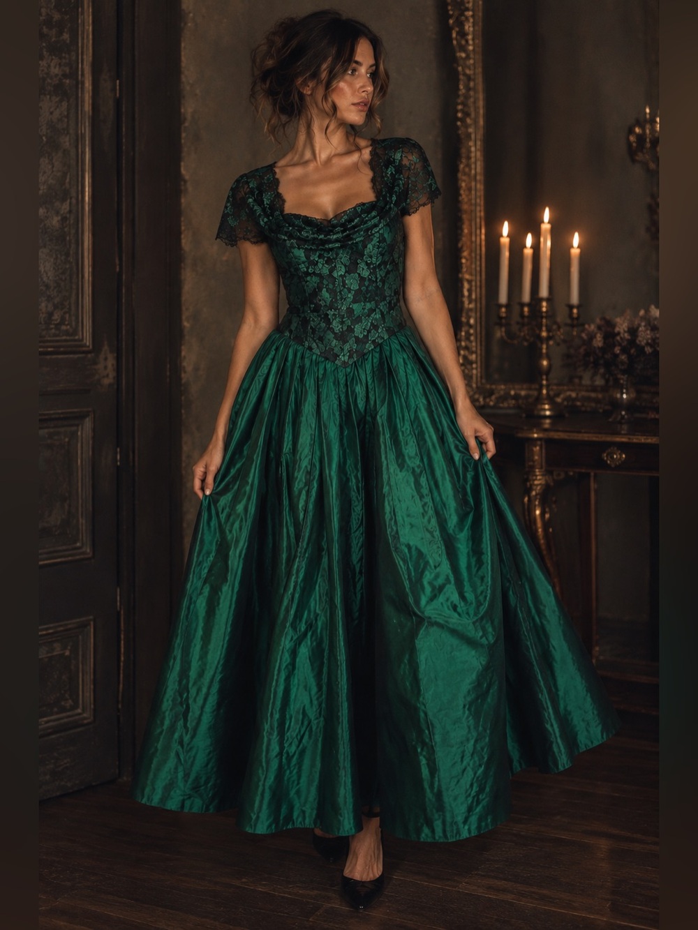 Lorelie Vintage Emerald Lace Tulle Bow Prom Dress Romantic Gothic Ethereal Sz 10